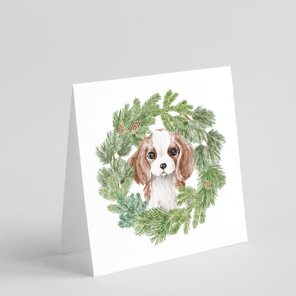 Cavalier King Charles Spaniel Puppy Blenheim with Christmas Wreath Square Greeting Cards and Envelopes Pack of 8 5 in x 5 in
