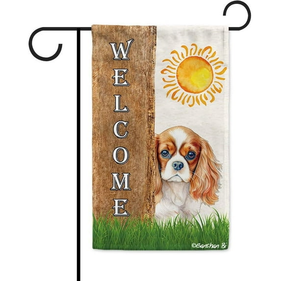 Cavalier King Charles Spaniel Spring Summer Welcome Garden Flag Watercolor Dog Hides Behind a Tree Sun Outside Yard Decor Flag Banner 12.5X18 Inch Double Side Style 2