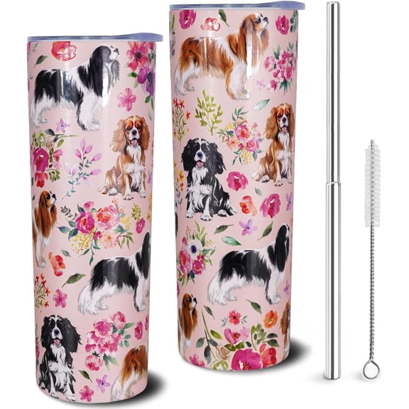 Cavalier King Charles Spaniel Tumbler Cavalier King Charles Spaniel Gifts 20 OZ 3D-Printed Insulated Cup Dog Lover Gift Travel Mug with Dogs Patterns and Vintage Florals(One Tumbler Included)