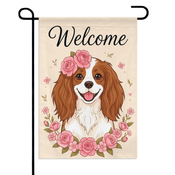 Cavalier King Charles Spaniel Welcome Garden Flag 12×18in Double Sided Adorable Dog with Pink Roses Spring Protected Fade Resistant Outdoor Decor for Porch Lawn Patio Yard Home Outside
