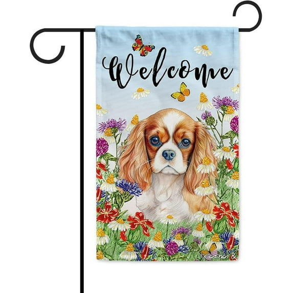 Cavalier King Charles Spaniel Welcome Spring Summer Garden Flag for Outside Watercolor Dog Colorful Flowers Yard Flag Banner 12.5X18 Inch Double Side