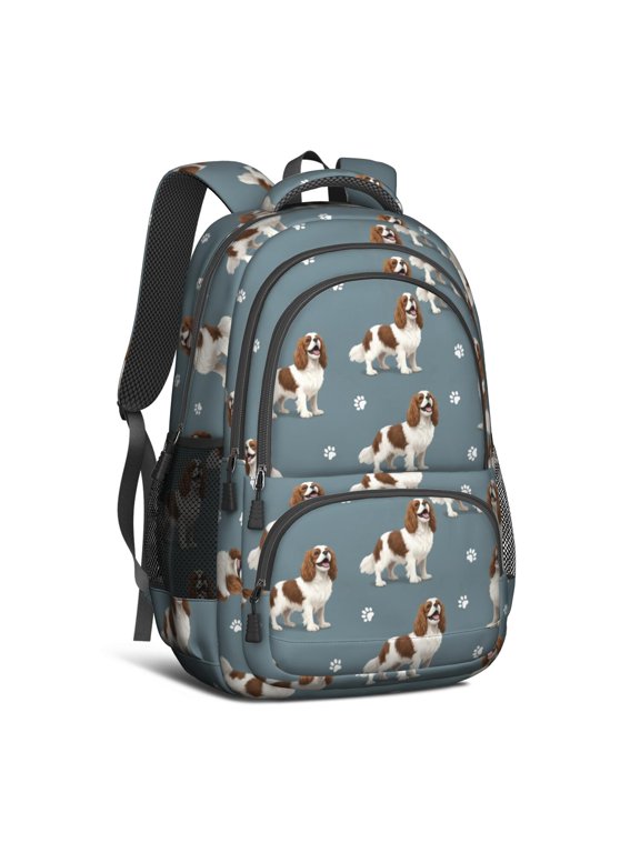 Cavalier King Charles Spaniel and Dog Paw Backpack for School, Cute School Bag with Adjustable Shoulder Straps and Padded Back, 16.9"x12.6"x5.9"