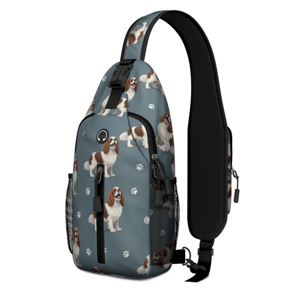 Cavalier King Charles Spaniel and Dog Paw Sling Backpack, Casual Day Sling Pack with Earphone Port, Adjustable Strap Gift Ideas for Travel Shopping