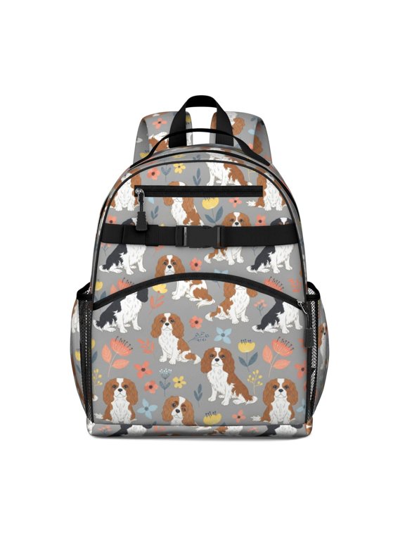 Cavalier King Charles Spaniel and Floral Backpack for School, Cute School Bag with Adjustable Shoulder Straps and Padded Back, 15.25"x11.5"x5.25"