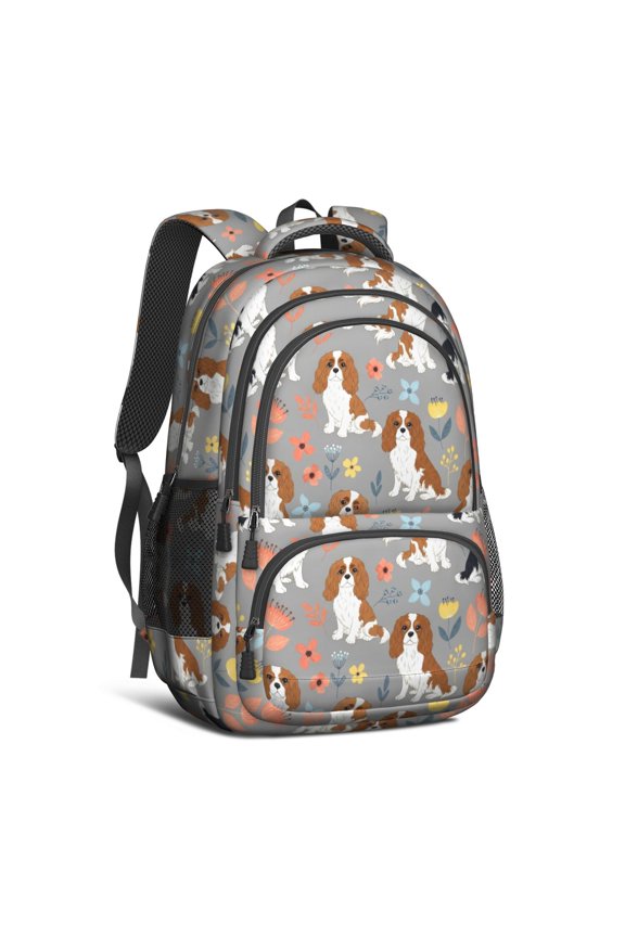 Cavalier King Charles Spaniel and Floral Backpack for School, Cute School Bag with Adjustable Shoulder Straps and Padded Back, 16.9"x12.6"x5.9"