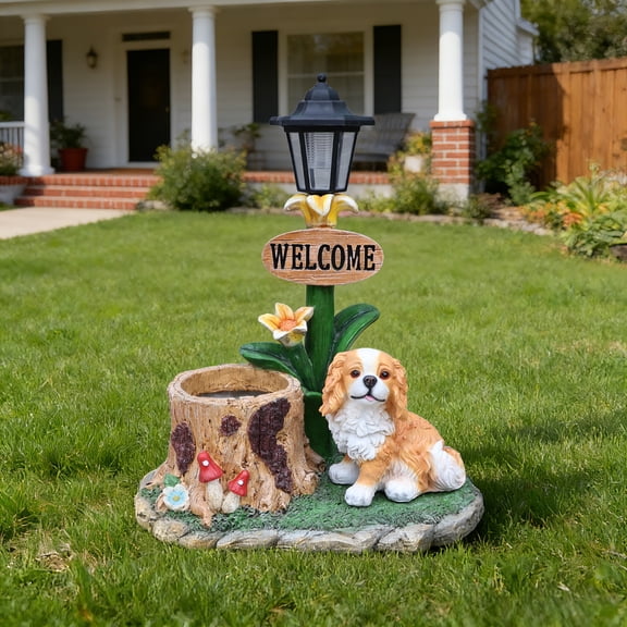 Cavalier King Dog Planter with Solar Light - Welcome Sign Outdoor Garden Statue, Decorative Flower Pots for Outdoor Plants, Weatherproof Animal Plant Pots for Front Porch, Patio, & Home Decor