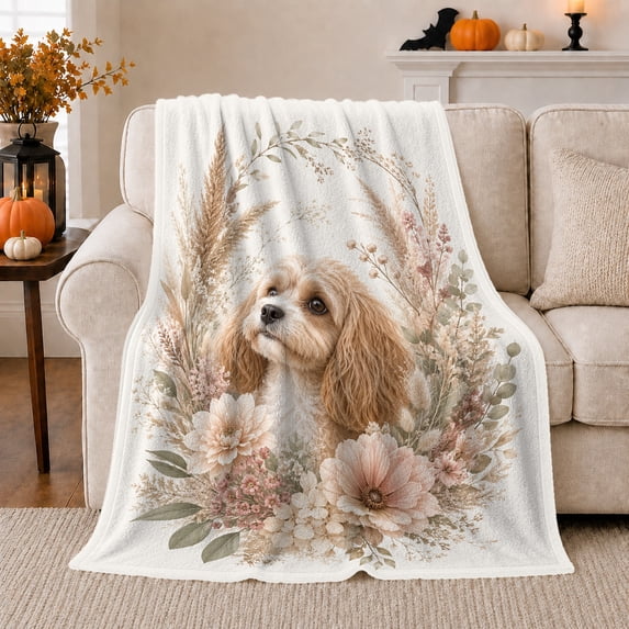 Cavalier Puppy among Soft Garden Flowers, Serene Cottagecore Style for Dog Lovers, Blush Botanical Portrait and Birthday Gift, Soft Flannel Blanket for Bedroom and Nursery, Pet Home Decor