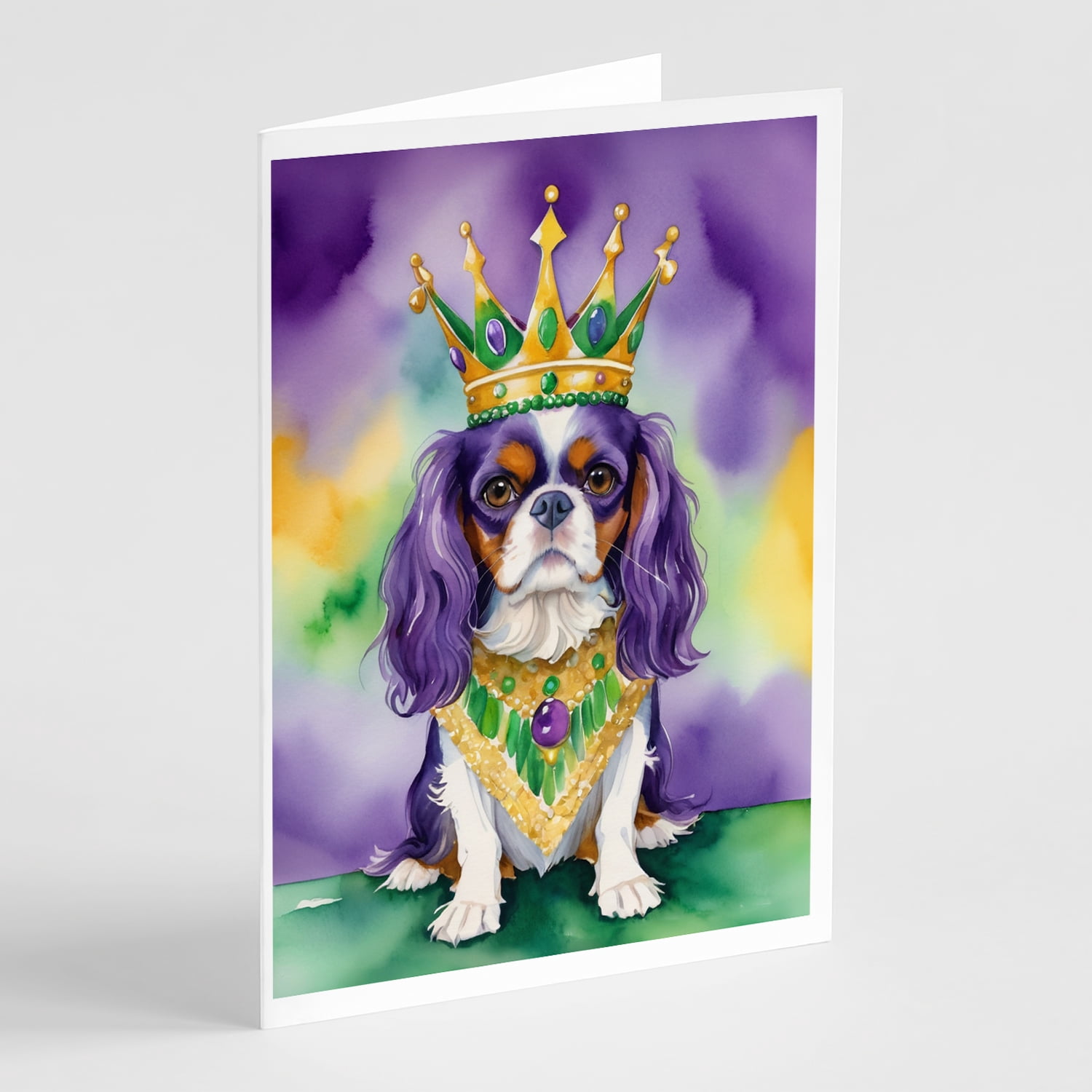 Cavalier Spaniel King of Mardi Gras Greeting Cards Pack of 8 7 in x 5 in