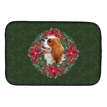 Cavalier Spaniel Poinsetta Wreath Dish Drying Mat