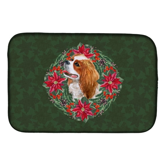 Cavalier Spaniel Poinsetta Wreath Dish Drying Mat
