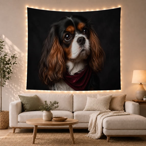 Cavalier Spaniel Portrait With Burgundy Bandana Cozy Photographic Style for Dog Lovers Pet Wall Decor Housewarming Gift Tapestry Wall Hanging for Bedroom and Living Room