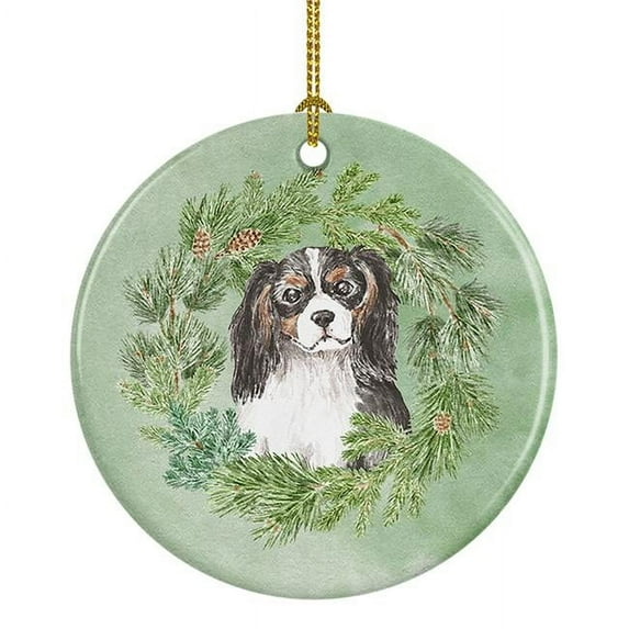 Cavalier Spaniel Tricolor Head Tilt Christmas Wreath Ceramic Ornament 2.8 in x 2.8 in