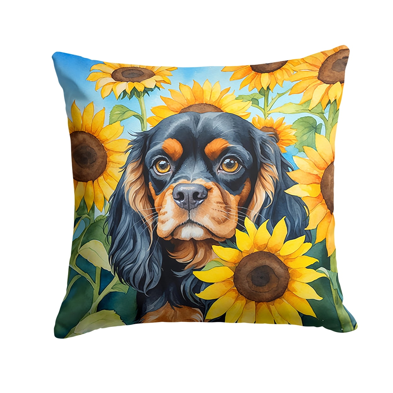 Cavalier Spaniel in Sunflowers Throw Pillow 18 in x 18 in
