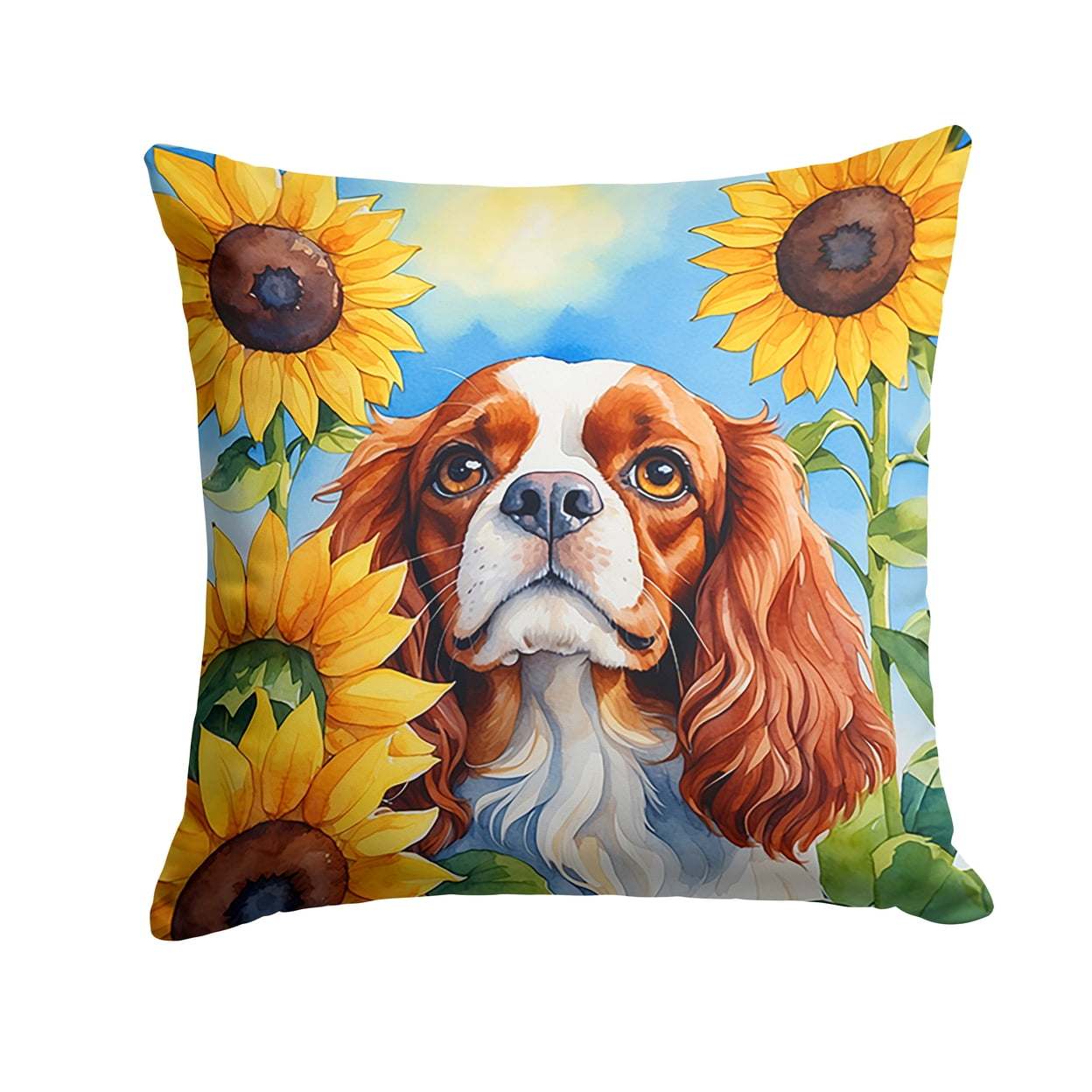 Cavalier Spaniel in Sunflowers Throw Pillow 18 in x 18 in