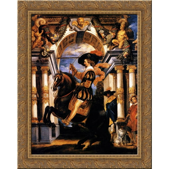 Cavalier executing a Levade, in front of a portal 24x20 Gold Ornate Wood Framed Canvas Art by Jacob Jordaens