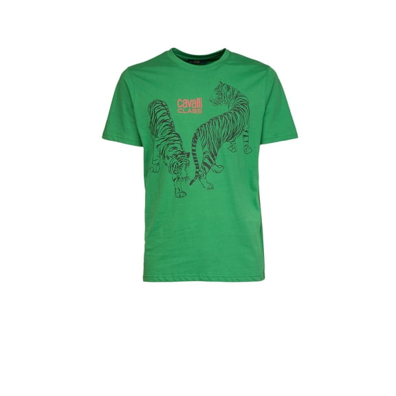 Cavalli Class Brilliant Green Double Tiger Logo Motif Fashion T-Shirt-XXL for mens