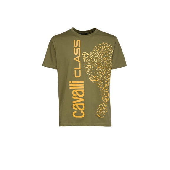 Cavalli Class Brilliant Green Signature Leopard Print Fashion T-Shirt-XXL for mens