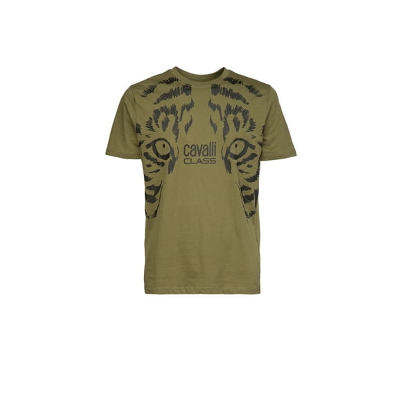 Cavalli Class Military Green Tiger Eyes Print Fashion T-Shirt-XL for mens