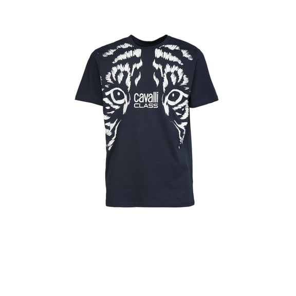 Cavalli Class Navy Tiger Eyes Print Fashion T-Shirt-L for mens