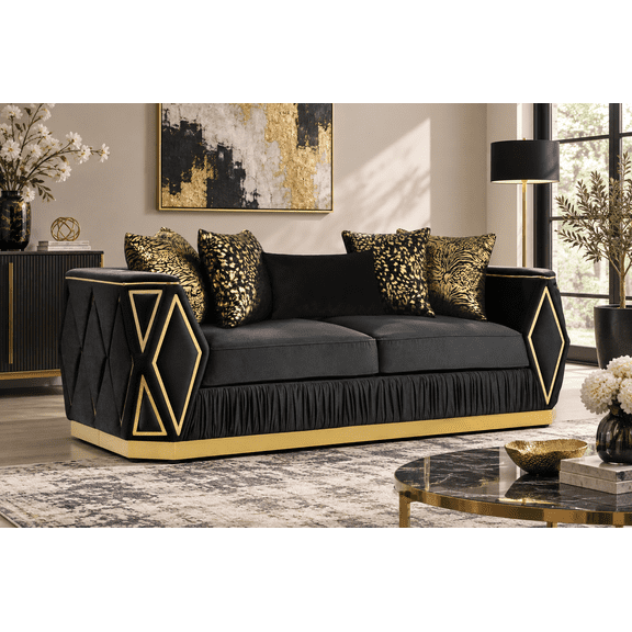 Cavalli Modern 3-Seat Sofa, Black Polyester Upholstery with Gold Accents, Diamond Pattern, Wood Frame