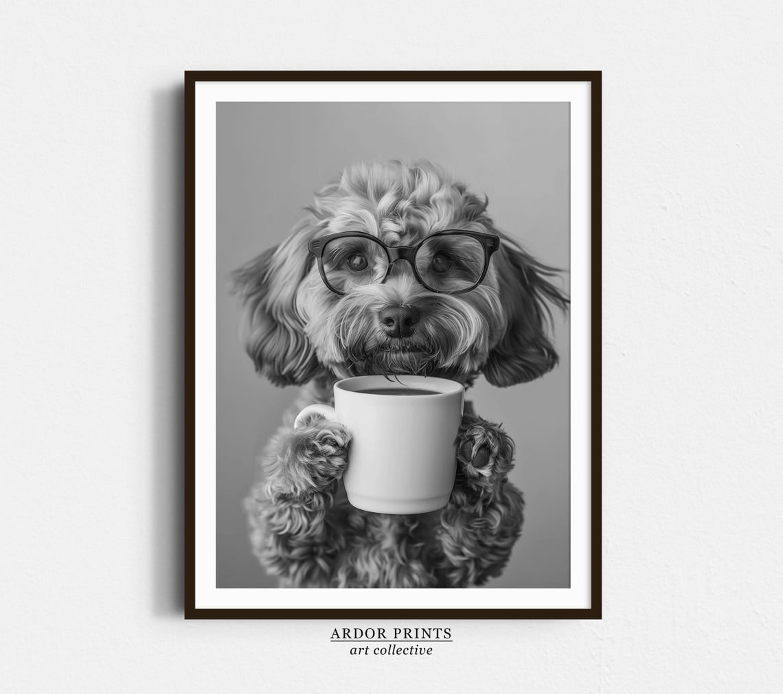 Cavapoo And Coffee Poster, Black And White Lover Dog Bar, Kitchen And ...