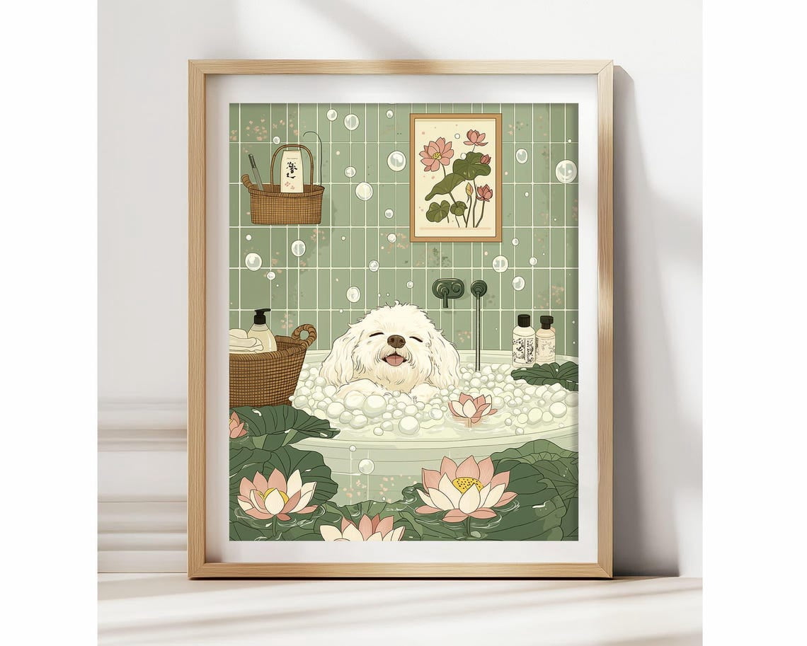 Cavapoo In Bathtub Zen Wall Art Japanese Poster Japandi Print Dog Decor ...