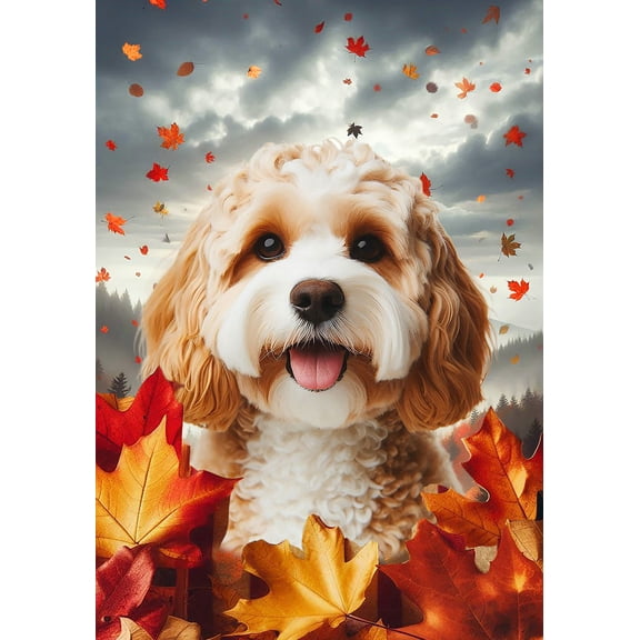 Cavapoo Blonde - Best of Breed Fall Leaves Outdoor Garden Flag 12" x 17" Mailbox Flag Dog Flag