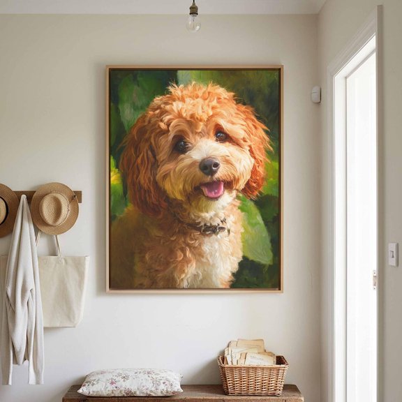 Cavapoo Dog Portrait Print Golden Fluffy Pet Wall Art, Unframed Paper Print
