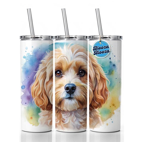 Cavapoo Dog Watercolor Style 20oz Insulated Water Bottle Skinny Tumbler Includes Straw