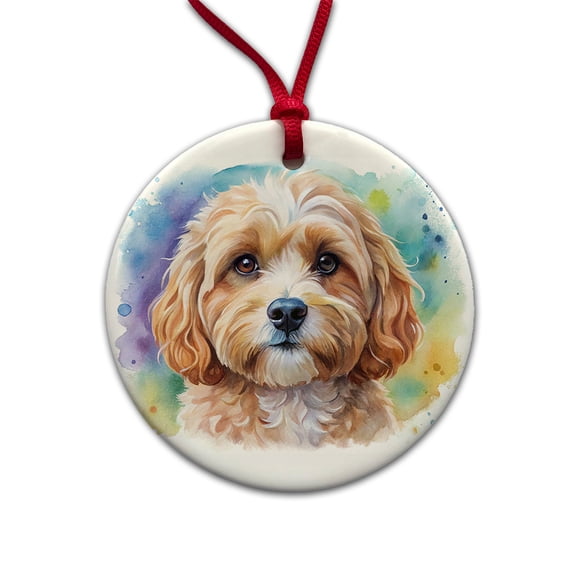 Cavapoo Dog Watercolor Style Christmas Tree Holiday Round Ceramic Ornament