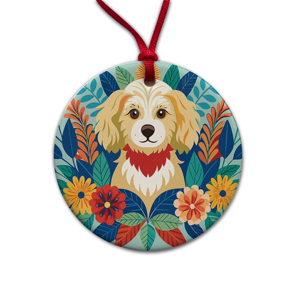 Cavapoo Floral Motif Dog Blue Christmas Tree Holiday Round Ceramic Ornament