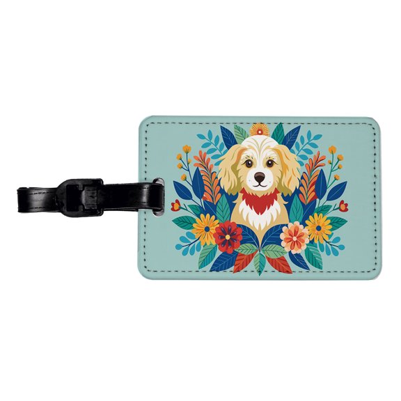 Cavapoo Floral Motif Dog Blue Faux Leather Travel Luggage Tag