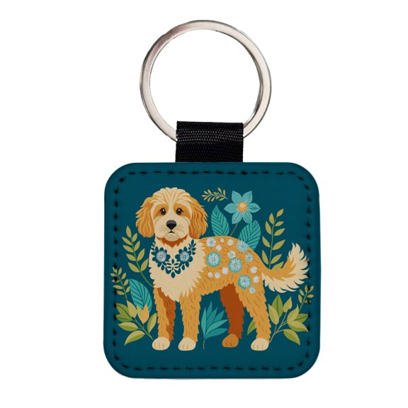 Cavapoo Floral Motif Dog Faux Leather Square Keychain