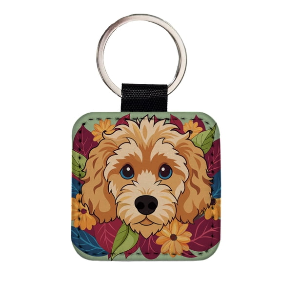 Cavapoo Head Floral Motif Dog Faux Leather Square Keychain