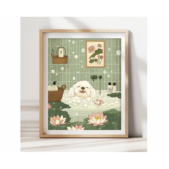 Cavapoo In Bathtub Japandi Dog Lover Restroom Bathroom Poster Unframed Paper Print