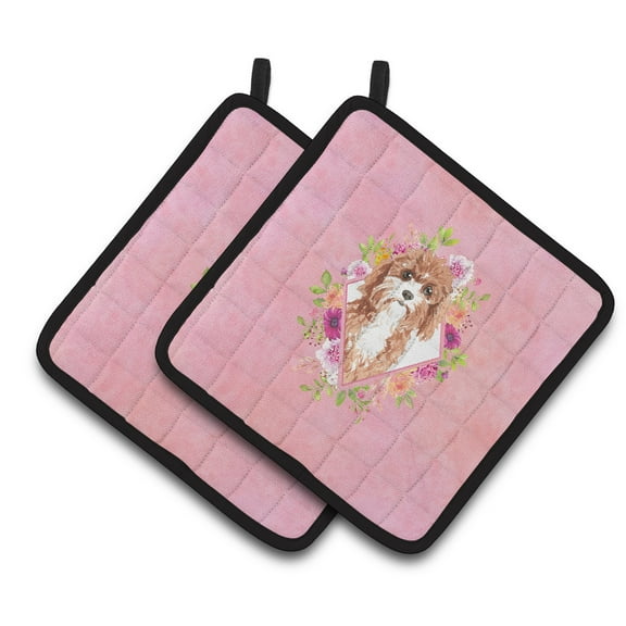 Cavapoo Pink Flowers Pair of Pot Holders