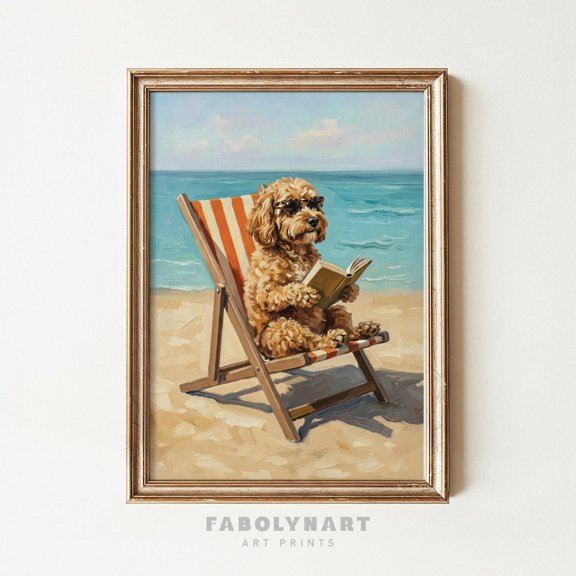 Cavapoo Reading Book Wall Art Print, Summer Beach House Decor, Funny Dog Gift Poster Unframed Paper Print