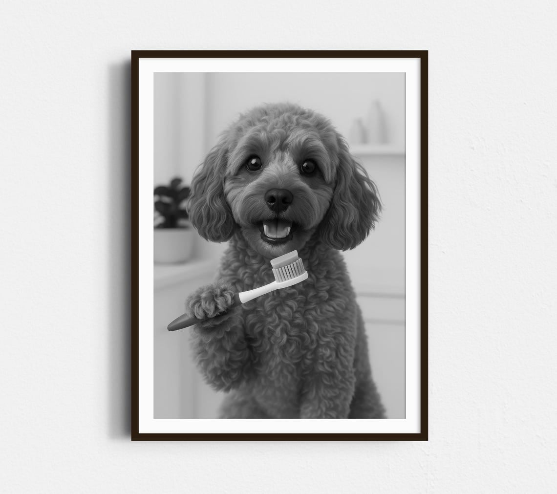 Cavapoo Wall Art Print, Dog Brushing Teeth, Black And White Owner ...