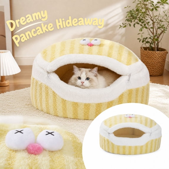 Cave Cat Bed for Indoor Cats Dual Use Yellow Striped Donut Pet Nest for ...