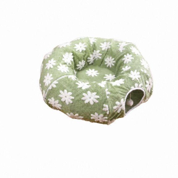 Cave Cat Bed for Indoor Cats with Daisy Print and Hanging Ball, Green