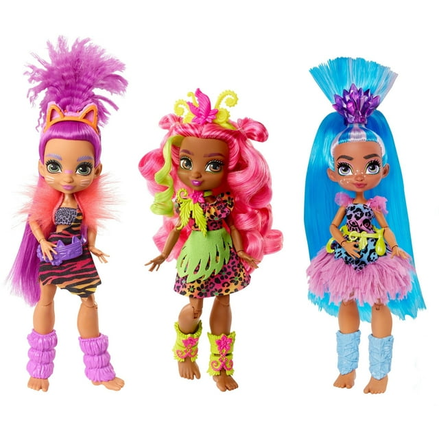 Cave Club Doll 3-Pack (10-inch) Poseable Prehistoric Fashion Dolls with Neon Hair
