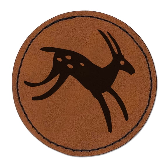 Cave Drawing Deer Gazelle Antelope Petroglyph Round Iron-On Engraved Faux Leather Patch Applique - 2.5 Inch - Brown