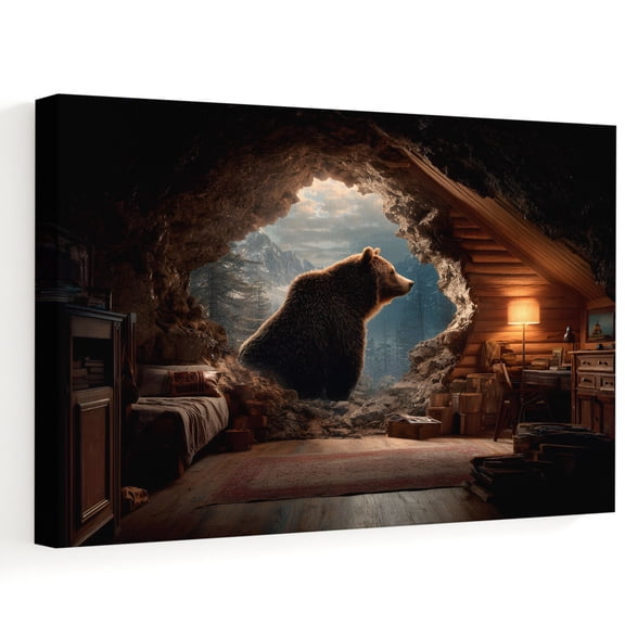 Cave Grey Bear Canvas Wall Art, Country Rustic Forest Farmhouse Cabin Cracked Wall Wall Art Prints Artwork Framed Canvas Ready to Hang Art Pictures for Bathroom Bedroom Entry Desk Corner 10" x 8"