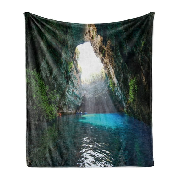 Cave Soft Flannel Fleece Throw Blanket, Famous Melissani Lake on Kefalonia Island in Greece Mediterranean Seacave Nymphaio, Cozy Plush for Indoor and Outdoor Use, 50" x 60", Multicolor, by Ambesonne