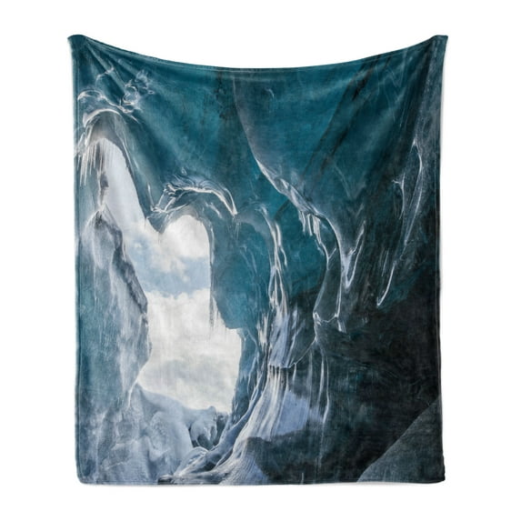 Cave Soft Flannel Fleece Throw Blanket, Inside of the Famous Vatnajokull Glacier in Iceland with Icicles, Cozy Plush for Indoor and Outdoor Use, 50" x 60", Charcoal Grey Pale Blue, by Ambesonne