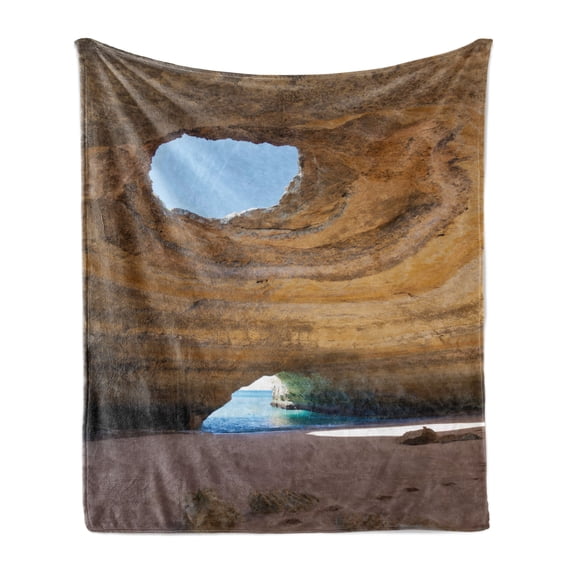 Cave Soft Flannel Fleece Throw Blanket, Sea Cave of Benagil in Algarve Portugal Idyllic Sandy Rocky Landscape, Cozy Plush for Indoor and Outdoor Use, 60" x 80", Sand Brown Pale Blue, by Ambesonne