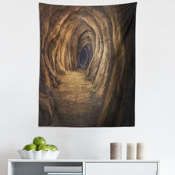Cave Tapestry, Geologic Formation in Digital Painting Style Subterranean Tunnel with a Gate, Fabric Wall Hanging Decor for Bedroom Living Room Dorm, 5 Sizes, Pale Brown, by Ambesonne