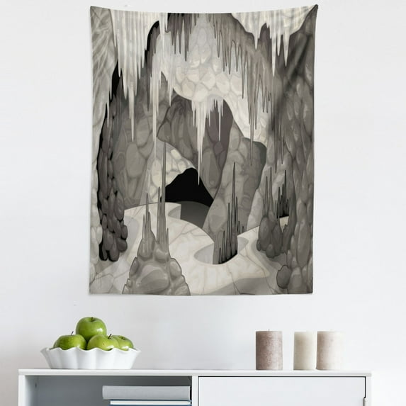 Cave Tapestry, Inside the Cavern with Stalagmites Speleology Theme Cartoon Style Grotto in Greyscale, Fabric Wall Hanging Decor for Bedroom Living Room Dorm, 5 Sizes, Pearl Grey, by Ambesonne