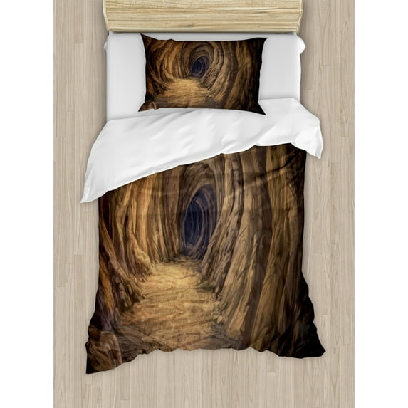 Cave Twin Size Duvet Cover Set, Ancient Geologic Formation in Digital Painting Style Subterranean Tunnel with a Gate, Decorative 2 Piece Bedding Set with 1 Pillow Sham, Pale Brown, by Ambesonne