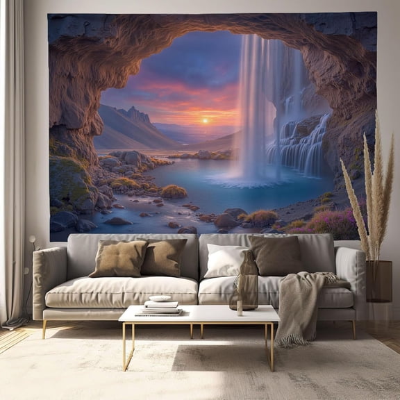 Cave Waterfall Sunset Wall Hanging - 40L x 30W Tapestry Iceland Scenery Poster Tapestries Wall Decor for Bedroom, Living Room, Dining Room, Purple